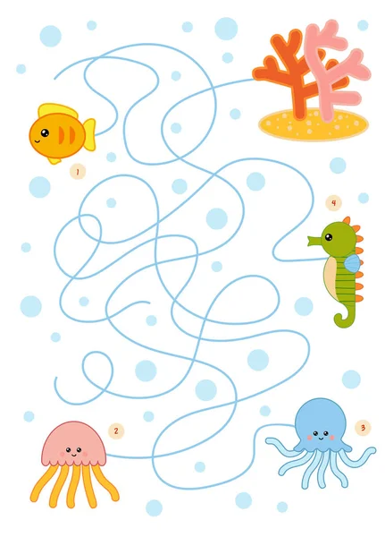 Doolhof Spel Voor Kinderen Onderwijs Werkblad Vis Octopus Gelei Vissen — Stockvector