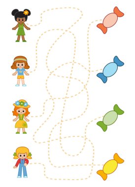 Maze oyunu çocuklar için eğitim çalışma sayfası. Kızlar ve tatlılar