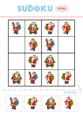 Sudoku, eğitim oyun çocuklar için. Noel Baba, Noel Baba, Noel Baba, Noel Baba. Makas ve yapıştırıcı eksik öğeleri doldurmak için kullanın