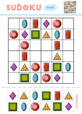 Sudoku, eğitim oyun çocuklar için. Değerli taşlar kümesi. Makas ve yapıştırıcı eksik öğeleri doldurmak için kullanın