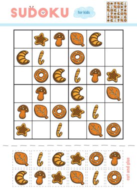 Sudoku, eğitim oyun çocuklar için. Noel kurabiyeleri kümesi. Makas ve yapıştırıcı eksik öğeleri doldurmak için kullanın