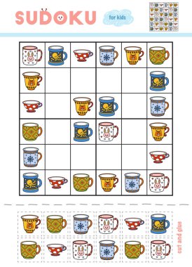 Sudoku, eğitim oyun çocuklar için. Kupalar kümesi. Makas ve yapıştırıcı eksik öğeleri doldurmak için kullanın