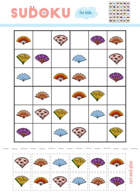 Sudoku, eğitim oyun çocuklar için. Çizgi film hayranları kümesi. Makas ve yapıştırıcı eksik öğeleri doldurmak için kullanın