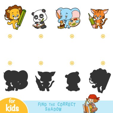 Doğru gölge, eğitim çocuklar için oyun bulmak. Karikatür hayvanlar - fil, kedi, aslan ve Panda kümesi