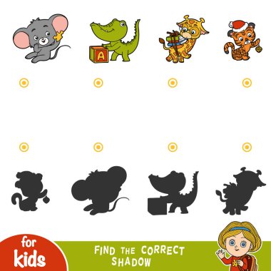 Doğru gölge, eğitim çocuklar için oyun bulmak. Karikatür hayvanlar - timsah, fare, kaplan ve zürafa kümesi
