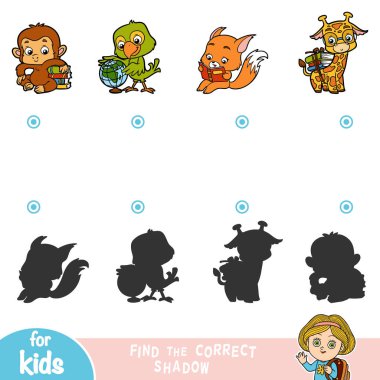 Doğru gölge, eğitim çocuklar için oyun bulmak. Karikatür hayvanlar - Fox, zürafa, papağan ve maymun kümesi