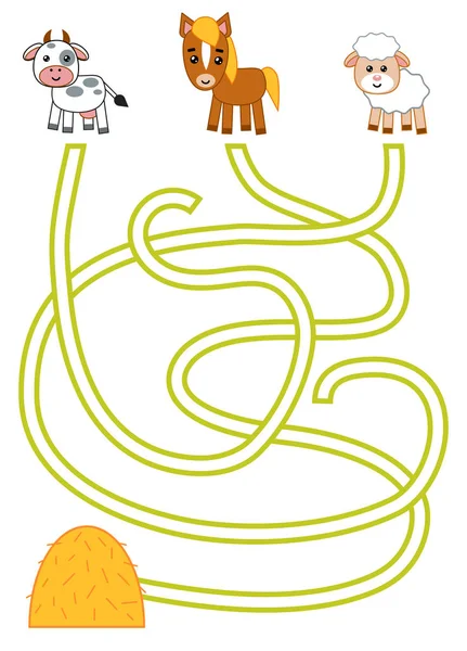 Лабиринт Игры Детей Образование Лист Корова Овцы Лошадь Стог Сена — стоковый вектор