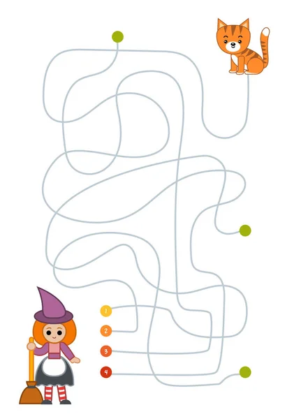 Labyrinth Spiel Für Kinder Arbeitsblatt Bildung Hexe Und Katze — Stockvektor