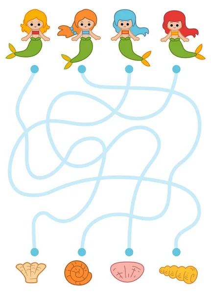 Jeu Labyrinthe Pour Les Enfants Feuille Travail Éducation Sirènes Coquillages — Image vectorielle