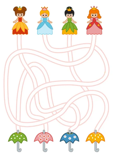 Labyrinth Spiel Für Kinder Arbeitsblatt Bildung Prinzessinnen Und Regenschirme — Stockvektor