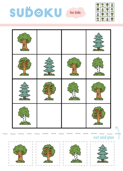 Sudoku Für Kinder Aufklärungsspiel Zeichentrickbäume Eiche Birke Apfelbaum Fichte Schere — Stockvektor