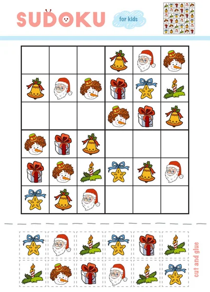 Sudoku Gyerekeknek Játék Oktatás Karácsonyi Elemek Bell Gyertya Labda Ajándék — Stock Vector