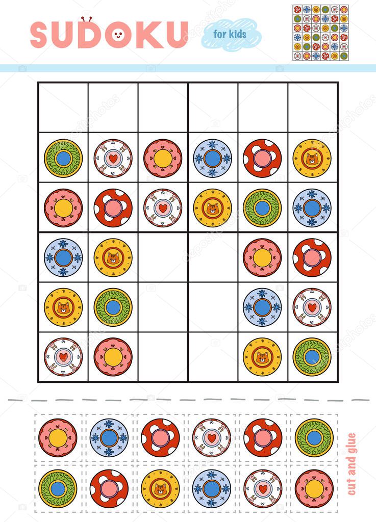Sudoku for children, education game. Set of plates. Use scissors and glue to fill the missing elements