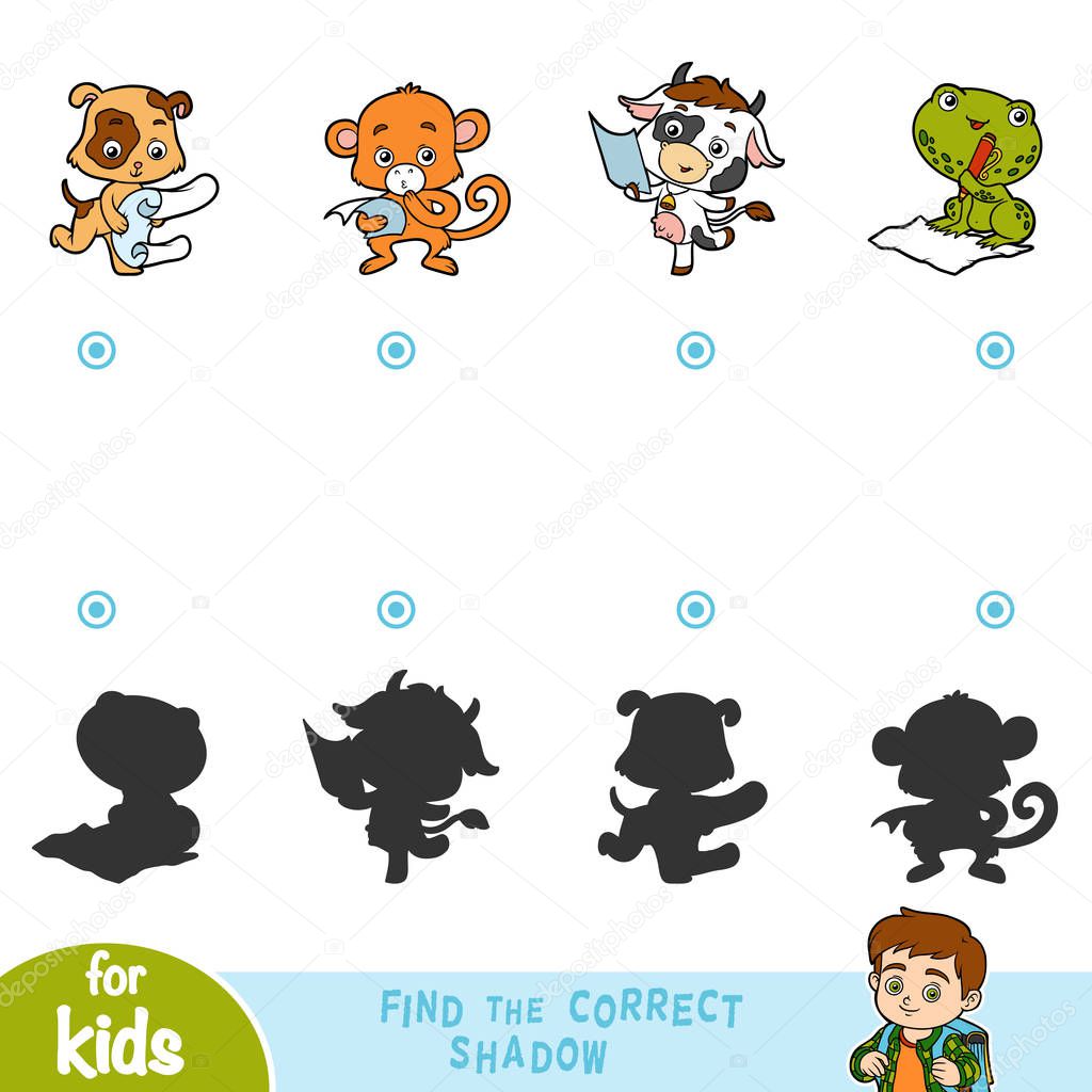 Find the correct shadow, education game for children. Set of cartoon animals - Cow, Monkey, Frog and Dog