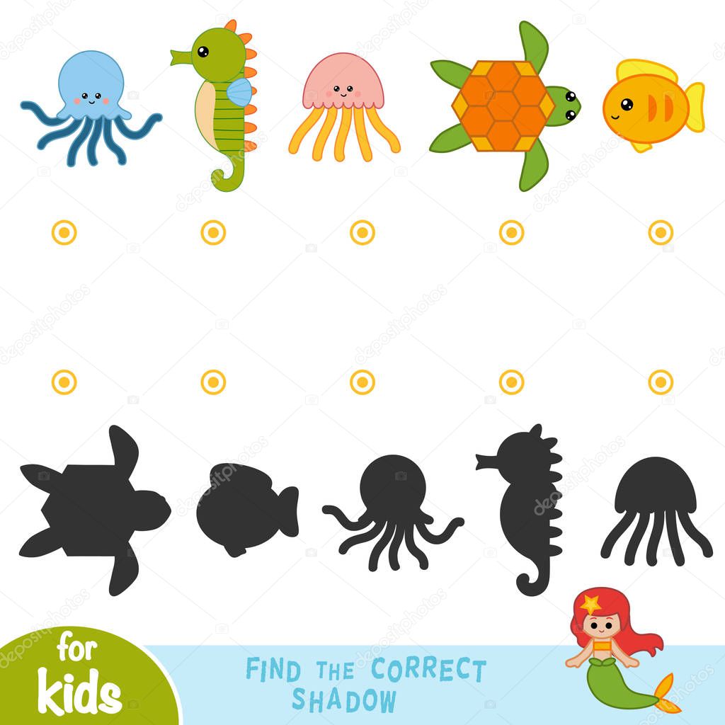 Find the correct shadow, education game for children. Cartoon set of sea animals - Turtle, Fish, Octopus, Jelly fish, Seahorse