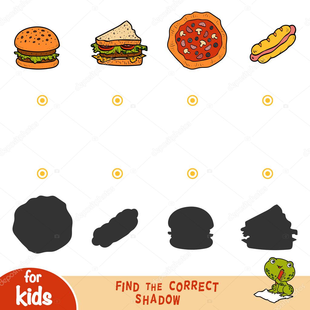 Find the correct shadow, education game for children. Set of food - Hot dog, Burger, Pizza, Sandwich
