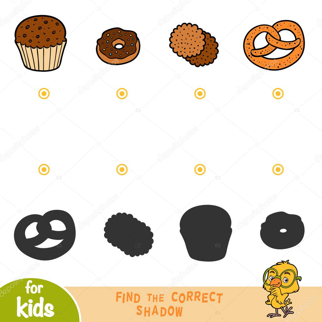 Find the correct shadow, education game for children. Set of sweet food - Donut, Pretzel, Cookies, Cupcake
