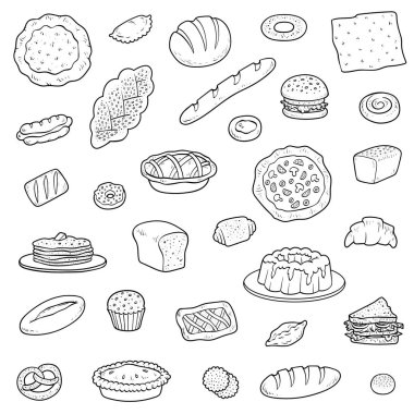 Siyah ve beyaz koleksiyonu ekmek fırın ürünleri hakkında. Vektör karikatür pasta ayarla ve pişmiş ürünler