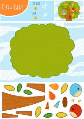 Eğitim kağıt çocuklar için oyun. Ağaçtaki kuşlar. Makas ve yapıştırıcı görüntü oluşturmak için kullanın.