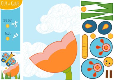 Eğitim kağıt çocuklar için oyun. Kelebek ve çiçek. Makas ve yapıştırıcı görüntü oluşturmak için kullanın.