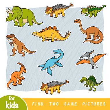 Find two the same pictures, education game for children. Colorful set of dinosaurs clipart