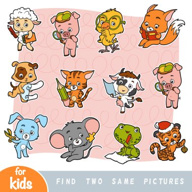 İki aynı resimleri, çocuklar için oyun eğitim bulun. Çizgi film sevimli hayvanlar renkli kümesi