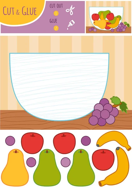 Educación Juego Papel Para Niños Frutero Utilice Tijeras Pegamento Para — Vector de stock