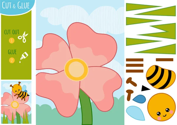 Educación Juego Papel Para Niños Abeja Flor Utilice Tijeras Pegamento — Vector de stock