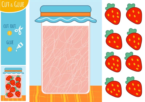教育ペーパー ゲーム子供のための瓶にイチゴ はさみや接着剤を使用して イメージを作成するには — ストックベクタ