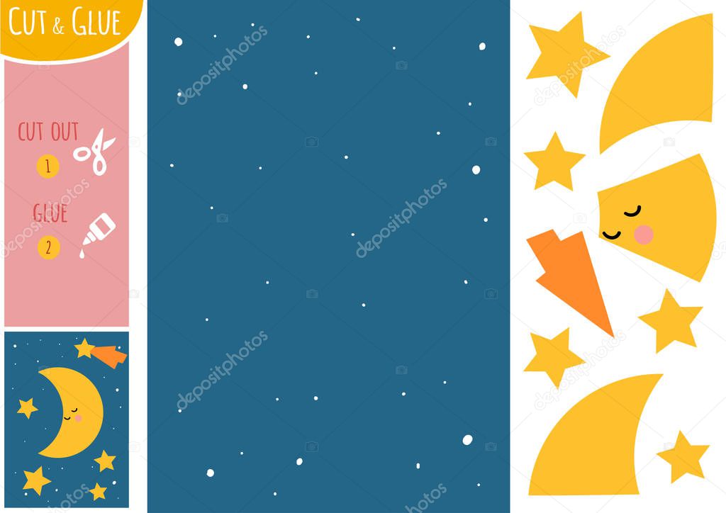 Education paper game for children, Moon and stars night sky. Use scissors and glue to create the image.