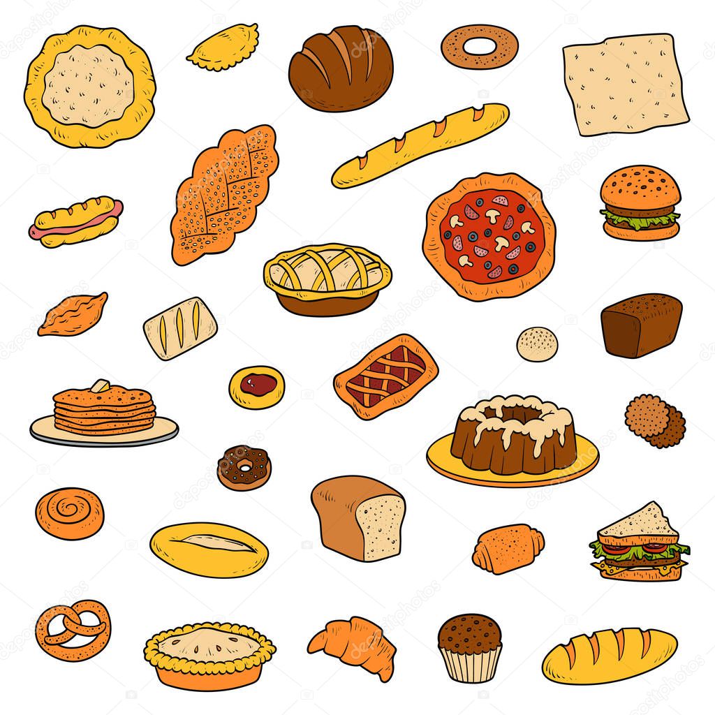 Colorful collection about bread bakery products. Vector set of cartoon pastry and baked goods