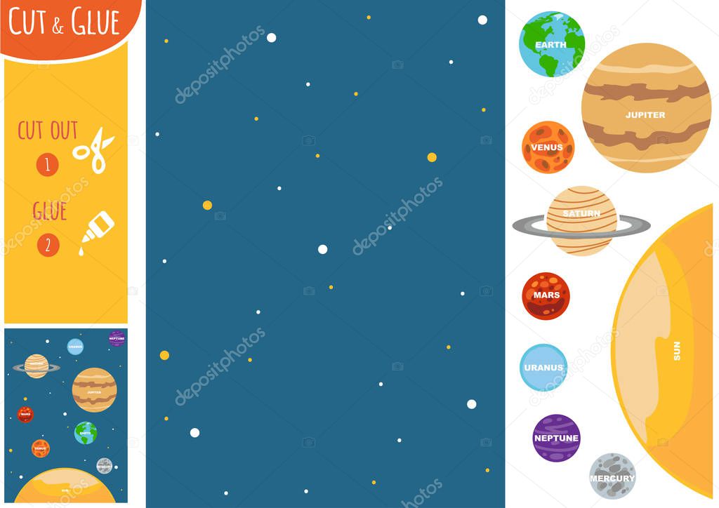 Education paper game for children, Solar system planets. Use scissors and glue to create the image.