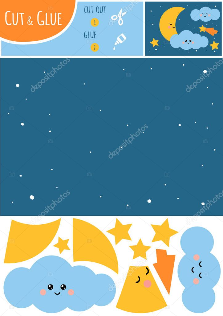 Education paper game for children, Night sky with moon and stars. Use scissors and glue to create the image.