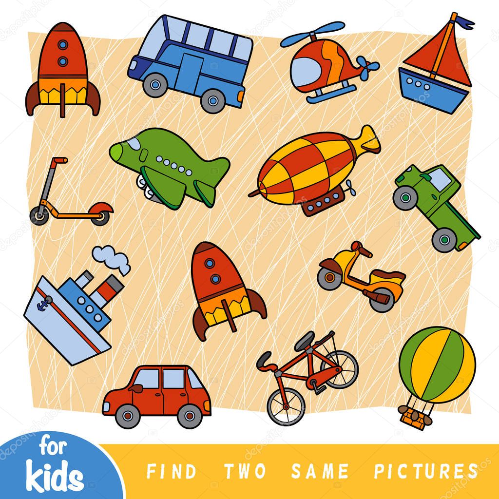 Find two the same pictures, education game for children. Colorful set of transport objects 