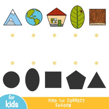 Bulmak doğru gölge, eğitim oyun çocuklar için nesnelerin Set - yaprak, tahta plank, dünya, House, dağlar