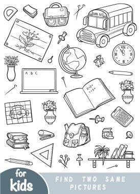 İki aynı resimleri, çocuklar için oyun eğitim bulun. Okul nesne kümesini siyah ve beyaz