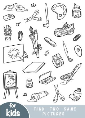 İki aynı resimleri, çocuklar için oyun eğitim bulun. Sanatçılar nesne kümesini siyah ve beyaz