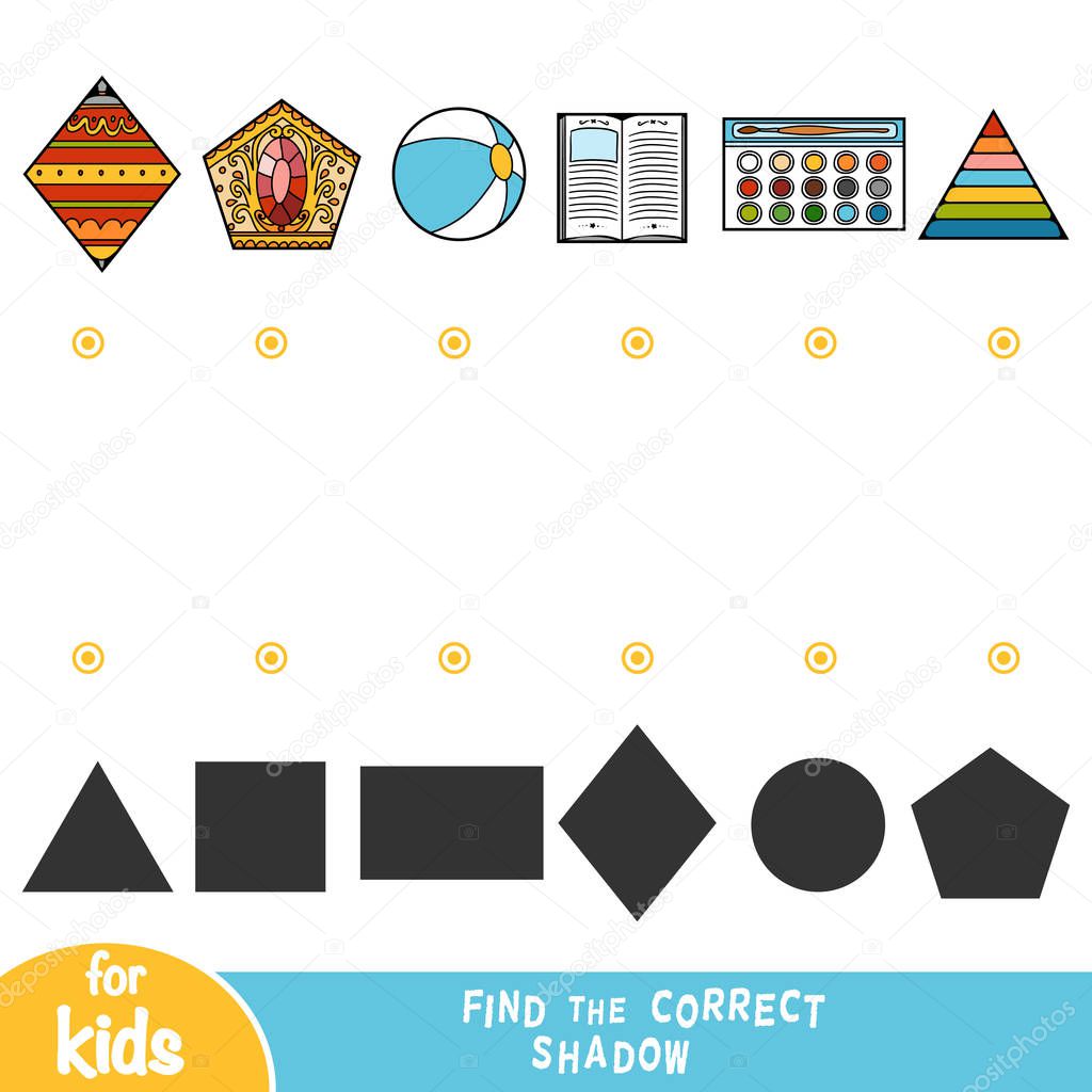 Find the correct shadow, education game for children, set of objects -  book, Watercolor, Beach ball, Crown, Kids Pyramid, Spinning top toy