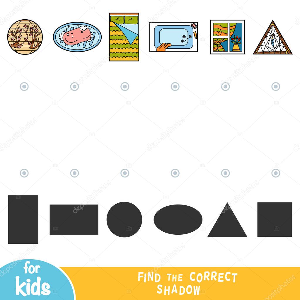 Find the correct shadow, education game for children, set of home objects - Dreamcatcher, window, soap, bathtub, Asian lampshade, bed
