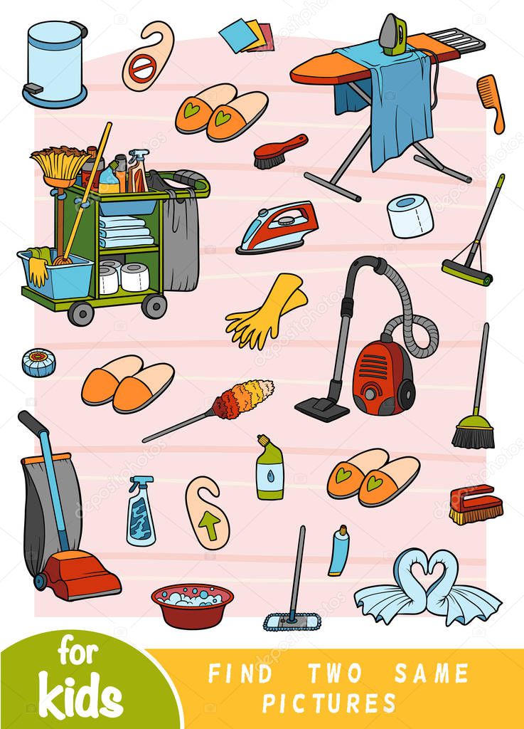 Find two the same pictures, education game for children. Color set of objects for cleaning and housekeeping
