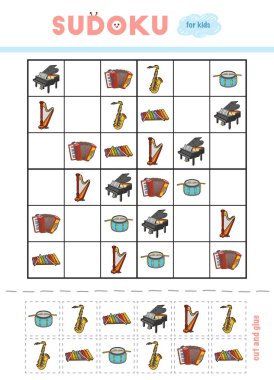 Sudoku, eğitim oyun çocuklar için. Müzik aletleri. Makas ve yapıştırıcı eksik öğeleri doldurmak için kullanın