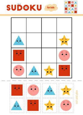 Sudoku, eğitim oyun çocuklar için. Geometrik şekiller kümesi. Makas ve yapıştırıcı eksik öğeleri doldurmak için kullanın
