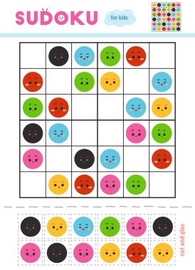 Sudoku, eğitim oyun çocuklar için. Renkler kümesi. Makas ve yapıştırıcı eksik öğeleri doldurmak için kullanın