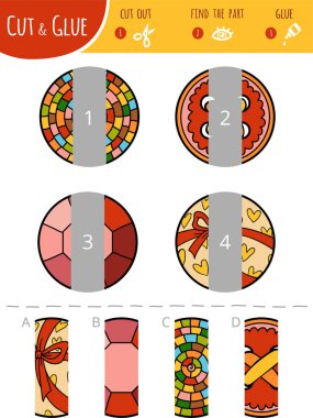 Doğru parçası bulmak. Kesmek ve çocuklar için oyun yapıştırın. Geometrik şekiller dizi karikatür. Daireler. 