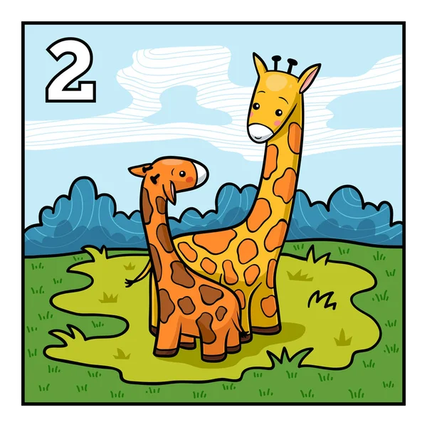 Cartoon Vector Illustration Children Learn Count Animals Two Giraffes — Stock Vector