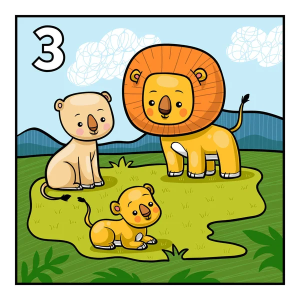 Kreslené Vektorové Ilustrace Pro Děti Naučte Počítat Zvířaty Tři Lvi — Stockový vektor