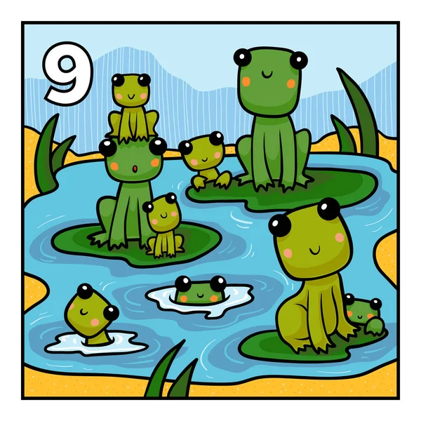 Kreslené Vektorové Ilustrace Pro Děti Naučte Počítat Zvířaty Devět Žáby — Stockový vektor