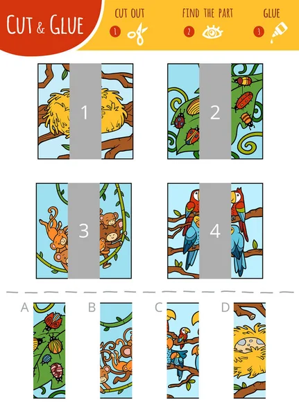 어린이 오른쪽 잘라내기 접착제를 둥지에 앵무새 원숭이 일러스트 — 스톡 벡터
