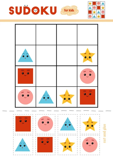 Sudoku Für Kinder Aufklärungsspiel Reihe Geometrischer Formen Schere Und Kleber — Stockvektor