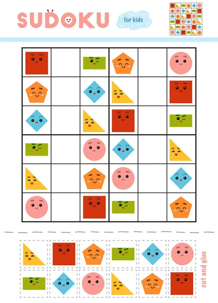 Sudoku Voor Kinderen Onderwijs Spel Set Geometrische Vormen Gebruik Schaar — Stockvector